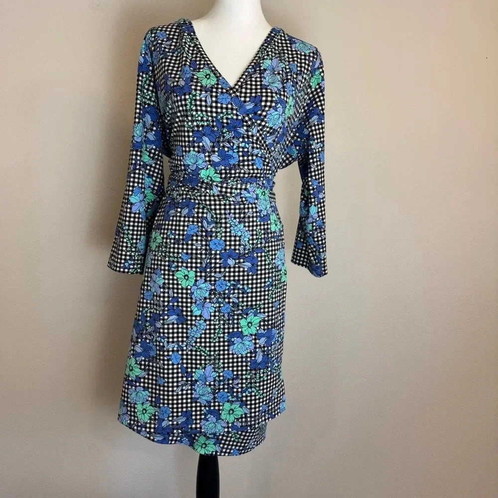 Lands End Floral Checkered Wrap Dress Tie Waist Comfy 1X